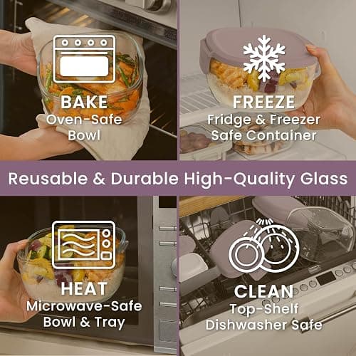 Bentgo Glass Salad Container - 7.6-Cup Salad Bowl with Airtight Lid, Leak-Proof Sauce Container, 4-Compartment Bento Tray & Reusable Fork - BPA-Free for Meal Prep, Office & More (Lavender) thumbnail 5