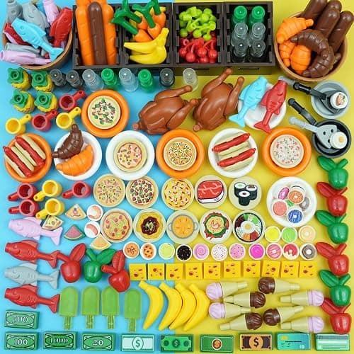 220pcs City Food Accessories Building Block, Friends-People Picnic Toys, Kitchen Restaurant Comida DIY Pieces, Fruit-Pizza-Cheese-Ice Cream-Turkey Parts, Money Bricks for Extra Set - Image 1
