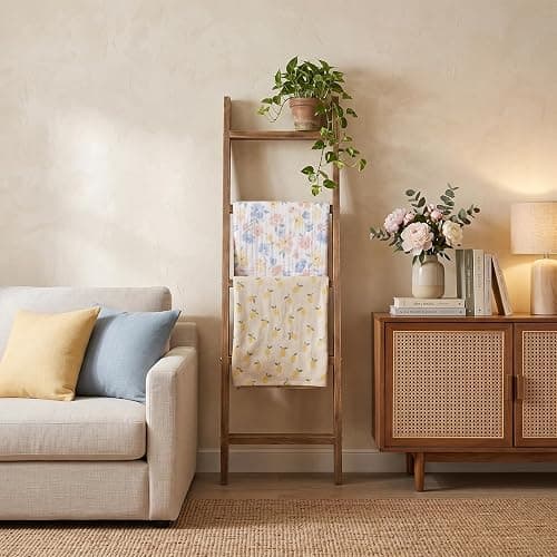 MyGift 4ft Tall Rustic Burnt Natural Wood Wall Leaning Blanket Ladder Shelf with 5 Rungs, Decorative Living Room Throw and Quilt Holder, Farmhouse Bedroom Decor thumbnail 2