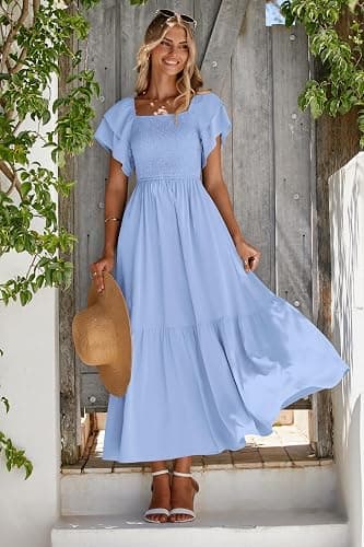 MASCOMODA Womens Summer Casual Midi Dress Square Neck Ruffle Short Sleeve Smocked High Waist A Line Wedding Guest Dresses thumbnail 2