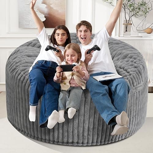 6 FT Bean Bag Chair,6' Big Bean Bag,Giant Bean Bag Chairs for Adults | Comfy Large Beanbag Chairs with Memory Foam Filled,Soft Bean Bag Sofa with Machine Washable Corded Plush Cover-Grey thumbnail 4