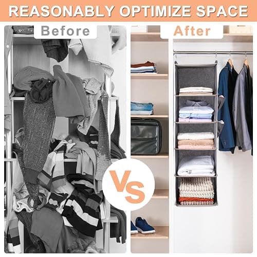 Hanging Closet Organize and Shelves，5-Hanging Shelf with 2 Side Pockets，Storage Foldable （Grey） thumbnail 6