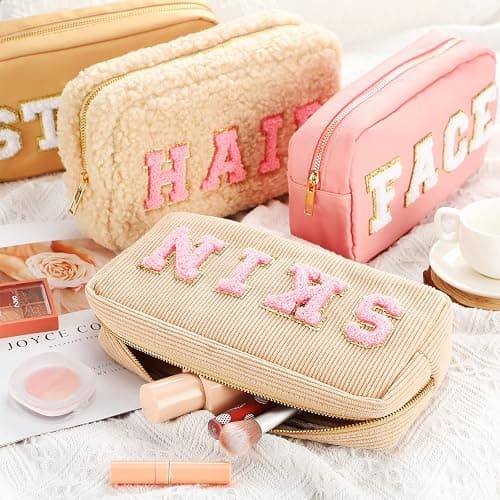 Kajaia 4 Pcs Preppy Makeup Bags Chenille Letter Stuff Bag Cute Cosmetic Pouch Cases for Women Trave Toiletry spend the night(Simple Color,Charming) - Simple Color - Charming thumbnail 4