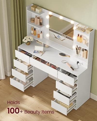 VASAGLE Kailyn Collection - Vanity Desk with Mirror and 9 LED Bulbs, Vanity Makeup Table with Power Outlets, Dressing Table with 9 Drawers, for Bedroom, Cloud White URDT141WB01S thumbnail 5