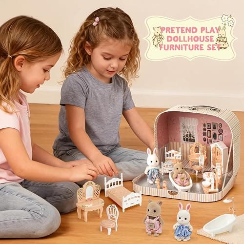 TUZT Suitcase Dollhouse Furniture Set for Kids, Mini Dollhouse Box with 2 Flexible Dolls and Bedroom&Bathroom Furnitures, Pretend Play Accessories Christmas Birthday Gift for Toddlers Ages 3+ thumbnail 7