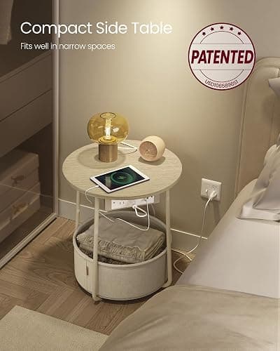VASAGLE LILEA Collection - Side Table with Charging Station, Round End Table with Fabric Basket, Nightstand with USB Ports, for Living Room, Bedroom, Modern, Cream White ULET228N01 thumbnail 4