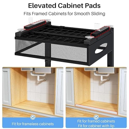 Under Sink Organizer, 2 Pack 2 Tier Pull Out Under Cabinet Organizer Shelf with Pad for Framed Cabinets, Metal Slide Out Under Sink Storage, Mesh Sliding Drawers for Kitchen Bathroom Laundry, Black thumbnail 3