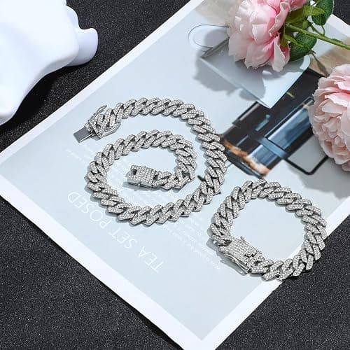 NEWITIN 15 Pieces Silver Jewelry Set for Men Stainless Steel Cuban Link Necklace Bracelet Cross Pendant Necklace Vintage Ring Cuban Jewelry Set for Men Women thumbnail 4
