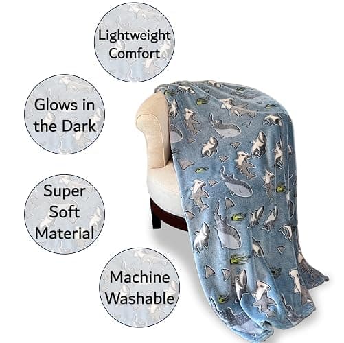 Shark Glow in The Dark Fleece Blanket: Cozy, Soft, Lightweight, Warm, 50" x 60" for Boys and Girls with Hammerhead, Mako, Blue, Whale, and Great White Sharks! (Blue) thumbnail 4