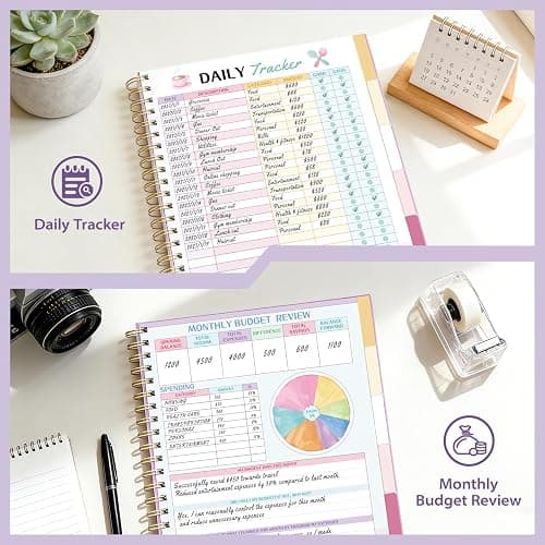 Ospelelf Budget Planner Undated, Money Expense Tracker with Pocket & Stickers, Thick Cardboard Cover, Large Pages for Spacious Writing, Original Fun Colorful Design, 12 Month Financial Notebook, Purple Floral thumbnail 5