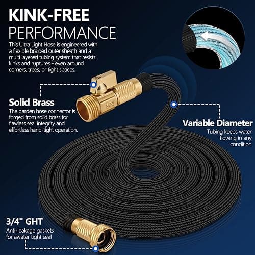 Flexible Garden Hose 50 FT, Ultra Lightweight Water Hoses 50FT w/10 Function Sprayer and 3/4" Brass Fittings, Kink-Free, Sturdy, Abrasion Resistant for Yard, Lawn, Outdoor and Gardening(Black) thumbnail 2