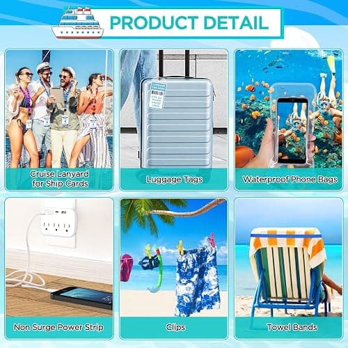 Cruise Ship Essentials Kit Include Cruise Luggage Tags Holder, Cruise Lanyards, Cruise Power Strip, Towel Bands and Clips, Waterproof Phone Bags for All Cruise Lines thumbnail 3