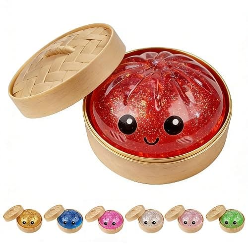 Dumpling Squishies, Glitter Dumpling Mystery Box, Colorful Dumplings Stress Balls Toy, Stocking Stuffers with Food Steamer Stretchy Desk Toys (Glitter Red) - Image 1