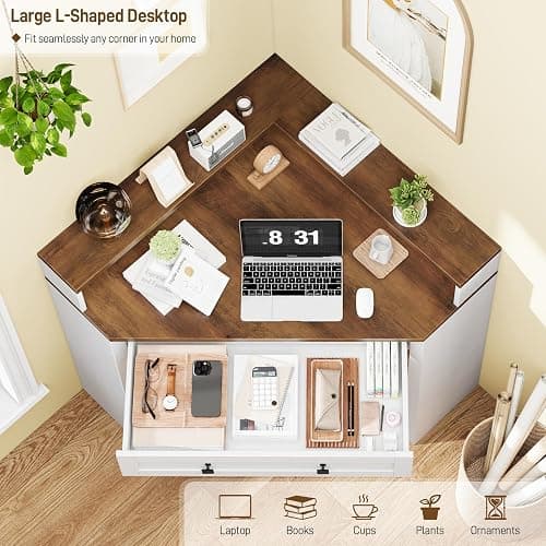 Corner Desk, Triangle Computer Desk Home Office Workstation with Drawer and Monitor Stand for Small Spaces Farmhouse Corner Vanity Table for Bedroom Study, Living Room (Rustic White and Brown) thumbnail 4