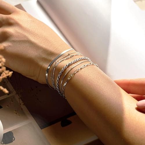 DEARMAY Gold Bracelets for Women Waterproof, 14K Gold Plated Jewelry Sets Trendy Thin Dainty Stackable Cuban Link Paperclip Chain Bracelet Pack Fashion Accessories Gifts for Womens thumbnail 2