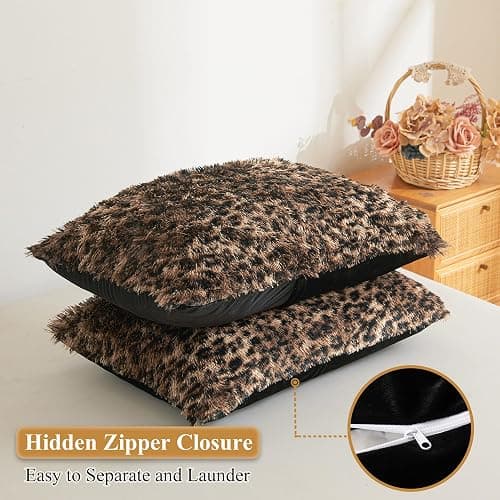 XeGe Fluffy Faux Fur Cheetah Print Pillowcases, Set of 2 Plush Fuzzy Leopard Print Long Bed Pillow Covers, 20x26 Shaggy Furry Pillow Shams with Zipper Bed Couch Sofa, Brown and Black, Standard Size thumbnail 4