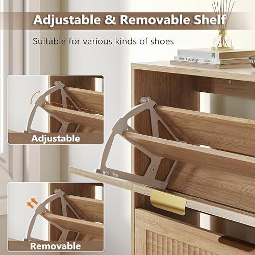 BORNOON Shoe Cabinet for Entryway with 3 Flip Drawers, Slim Wooden Shoe Storage Organizer with Modern Fluted Pannel，Freestanding Narrow Hidden Shoe Rack for Hallway, Foyer, Living Room thumbnail 6