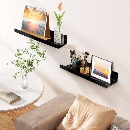 upsimples Acrylic Shelves for Wall Decor, 15" Display Shelf Perfume Organizer for Bathroom, Bedroom, Living Room, Floating Bookshelves for Kids, Black, 4 Pack thumbnail 2