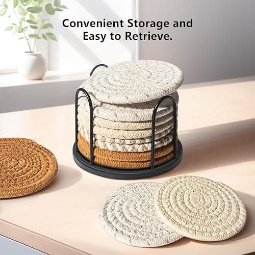 Lazebox Coasters Set of 8 for Drinks, Beer, Coffee, Cotton Woven 4 Colors Absorbent Coaster with Holder, Boho Coasters for Home Decor Tabletop Protection Suitable for Kinds of Cups, Coffee thumbnail 6