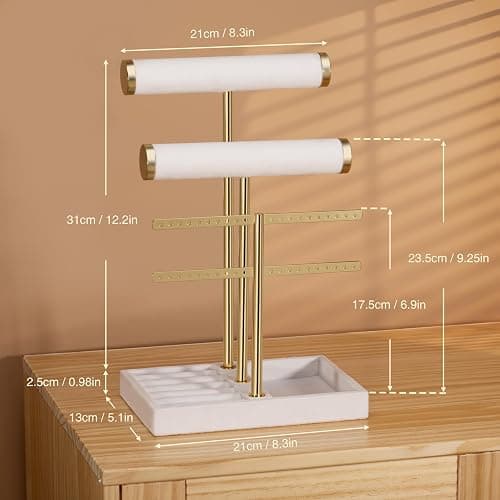 Josmimic Schmuck Organizer mit 3 Ebenen - Weiß Schmuckständer Armbänder, Abnehmbarer T-Steg Schmuck Ständer, Samt-Armbandhalter, Schmuckhalter für Armband, Halskette, Uhren, Ringe thumbnail 3