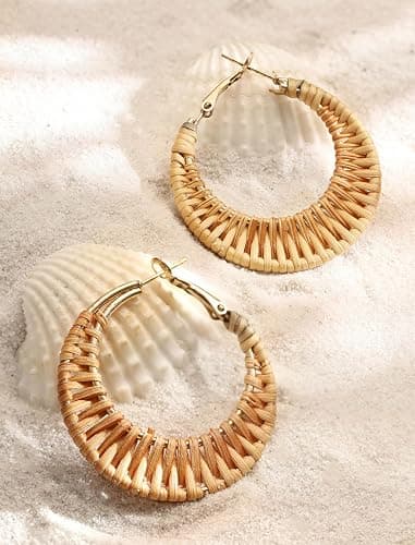 MINACHI Boho Handwoven Rattan Hoop Earrings, Bohemian Summer Beach Statement Jewelry Gift for Women (2) thumbnail 4