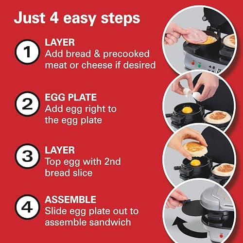 Hamilton Beach Dual Breakfast Sandwich Maker with Timer, Ready in 5 Minutes, Removable Dishwasher Safe PFAS-Free Non-Stick Egg Cooker Ring, Silver (25490MNA) thumbnail 8
