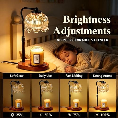 Briever Flower Candle Warmer Lamp, Adjustable Height Electric Candle Lamp with Timer & Dimmer, Wooden Base Wax Warmer, Christmas Birthday Housewarming Gifts for Women Mom, Walnut-Champagne thumbnail 3
