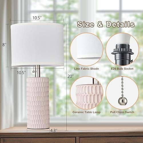 Reaketon Table Lamps for Living Room Set of 2, Ceramic Table Lamps for Bedroom, 20" Modern Lamps for Night Stands, Pink thumbnail 6