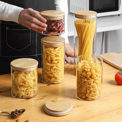 ComSaf Glass Spaghetti Pasta Storage Container with Lids 2 Qt Set of 3, Tall Clear Airtight Food Storage Jar with Wood Cover Kitchen Pantry Storage Container for Noodles Flour Cereal Coffee Beans thumbnail 9