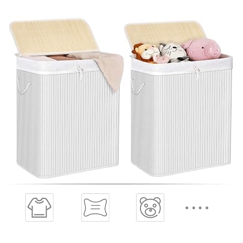 SONGMICS - Laundry Basket with Lid - Bamboo Laundry Basket with 2 Sorting Compartments, Removable Bag, Cotton Handles - Volume 100L, for Laundry Room, Bedroom - White -LCB64WT thumbnail 7