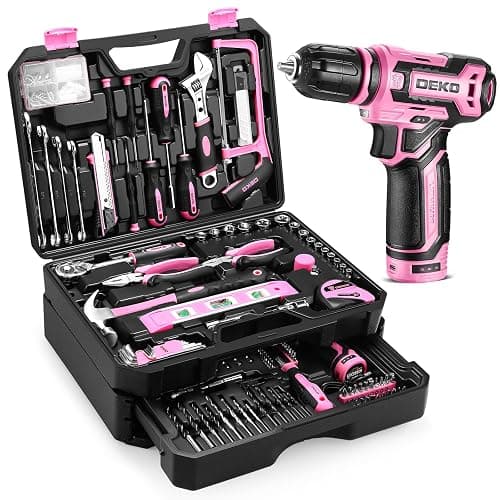 Pink Tool Kit Box Drill Set：DEKOPRO Home Mechanic Toolbox with 12V Power Cordless Drill Hand Repair Tools Sets Combo Kits Storage Organizer Drawer Case for Men & Women - Image 1