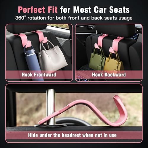 Amooca Universal Car Headrest Hooks, Car Organizer Hanger Storage Hooks for Bag Purse Cloth Grocery (Pink Set of 4) thumbnail 5