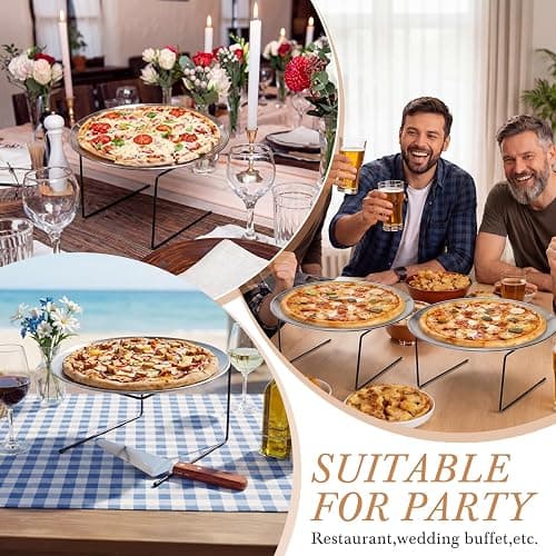 LemonRoad 18 Pcs Pizza Pan Riser Stands Sets Includes 6 Metal Pizzas Table Stands 6 Pan(11.8in) and 6 Wood Handle Pie Server, Pizza Rack Stand Pizzas Tray for Dessert Cheese Weddings Party(Silver) thumbnail 7