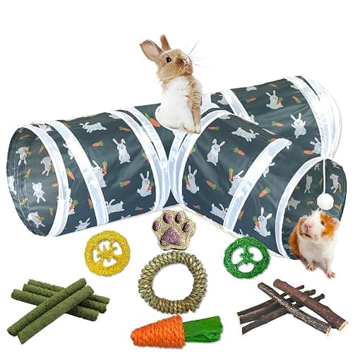 LUCKITTY Rabbit Tunnel Toy, Collapsible 3-Way Hideout Tunnel with Chew Toys for Rabbits, Guinea Pigs, Ferrets, Kittens & Small Pets - Gray & White Bunny Carrot Design Hideout (33"x20"x9.5") - Image 1