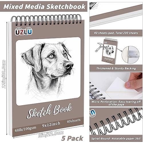 UZLU 5 Pcs Sketch Book Bulk 9 x 12 in 200 Sheets Top Spiral Bound Sketch Pad Drawing Paper 40 Sheets Each Acid Free Mixed Media Sketchbook 68lb/100gsm Art Supplies for Beginner Artist thumbnail 2