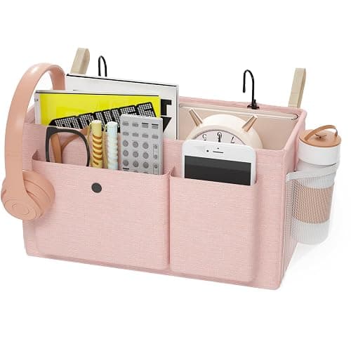 Bedside Caddy Bedside Organizer with Fixed Straps & Water Bottle Holder, Bunk Bed Caddy ideal for Home, Dorm, Hospital, Crib, Versatile Bedside Storage Solution (Pink) thumbnail 9