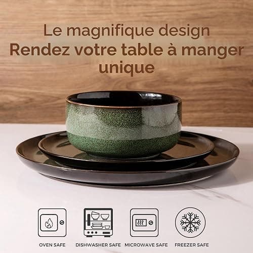 Service de table pour 6 personnes, 18 pièces en émail réactif, résistant aux éclats et aux rayures, passe au lave-vaisselle et au micro-ondes thumbnail 2