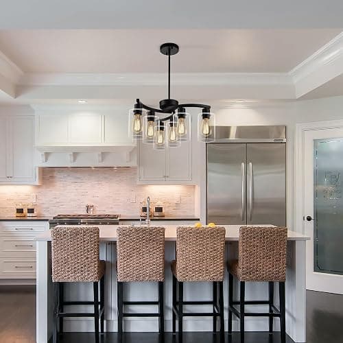 CNRATYE 6-Light Modern Farmhouse Black Chandelier, Contemporary Dining Room Light Fixture, Adjustable Height Hanging Industrial Pendant Lights Kitchen Island, Clear Glass Shade thumbnail 3