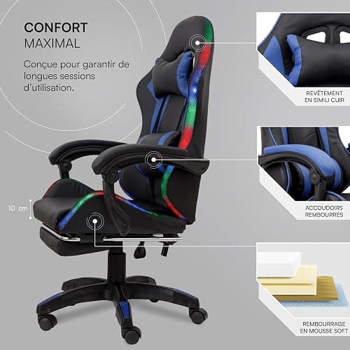 Baroni Home Chaise Gaming Ergonomique avec Coussin Lombaire, Lumières LED Réglables et Repose-Pieds Extractible, Chaise de Bureau avec Dossier Inclinable et Hauteur Réglable, Bleu, 68x66x125-133 cm thumbnail 7