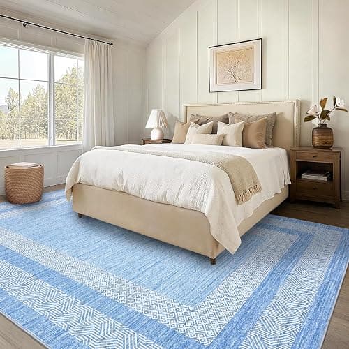 GarveeHome 8x10 Large Washable Area Rug Modern Bordered Distressed Geometric Floor Carpet, Soft Non Slip Low Pile Non Shedding Indoor Light Blue Carpet for Bedroom, Living Room thumbnail 3