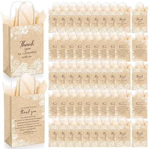 Fuutreo 100 Set Wedding Gift Bags with Tissue Paper Wedding Welcome Favor Paper Bags for Guests with Handles Thank You Bridal Shower Hotel 21 * 8 * 15cm(Vintage Lace) - Image 1