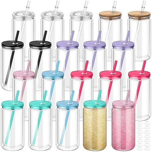 Nuenen 20 Pcs 16 oz Plastic Snow Globe Tumbler Pre Drilled Double Wall Plastic Can with Lid and Straw Double Wall Snowglobe Cup with Colorful Lid Mason Jar Cups for Snow Globe Glitter DIY Gift - Image 1