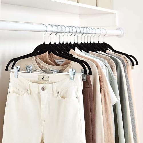 Amazon Basics Velvet Non-Slip Skirt Clothes Hangers with Clips, 360 Degree Rotatable Hook, Organize Pants and Skirts, Black/Silver, 24-Pack thumbnail 2