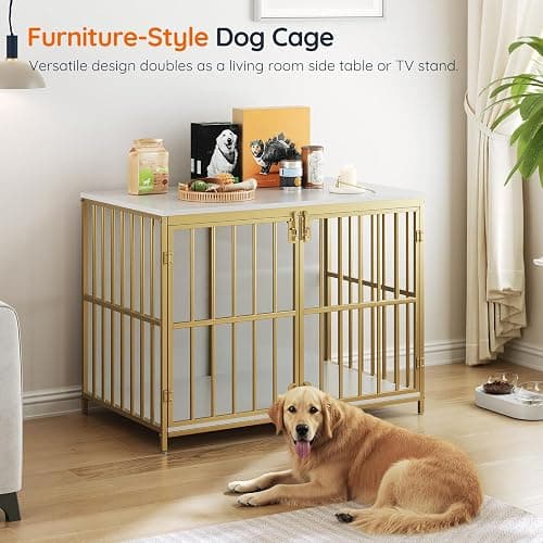 HOOBRO 38.6" Dog Crate Furniture, Wooden Dog Kennel Indoor, Heavy Duty Dog Cage for Small/Medium Dog, Decorative Side End Table, White and Gold DW100GW03 thumbnail 6