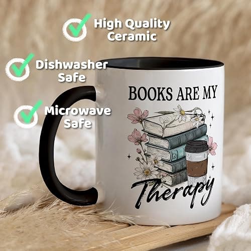 FUNITZ Book Lover Gifts - Books Are My Therapy Mugs with Black Handle, Bookish Coffee Mug with Stacked Book Design, Birthday, Christmas Gifts for Books Lovers Women, Bookworm Mugs for Readers thumbnail 3