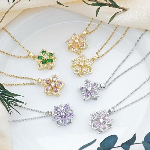 KONPJE Necklace for Women Gold Flower Fidget Necklace Rotatable Crystal Silver Blossom Pendant Necklaces Adjustable Spinning Fidget Necklaces Redbud Flower Choker Funny Gift Jewelry thumbnail 5