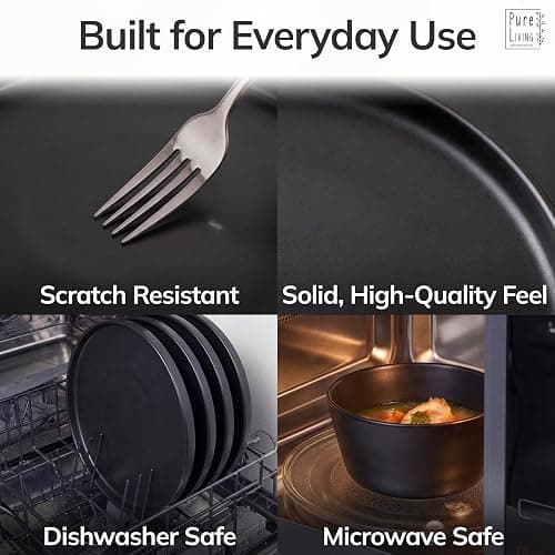 24 Piece Black Dinnerware Set for 8 | Matte Black Plates and Bowls Sets, Modern Stoneware Black Dishes Set | Scratch Resistant, Dishwasher & Microwave Safe | Matte Black Finish Ultra-Chic & Modern thumbnail 5
