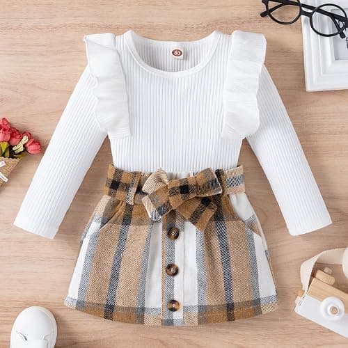 Nokpsedcb Baby Girls Fall Outfits Long Sleeve Romper Plaid Suspender Skirt Headband Newborn Spring Clothes thumbnail 2
