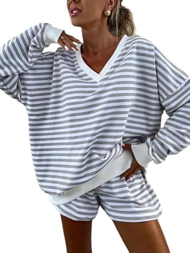Melliflo Women 2 Piece Outfits Lounge Sets Striped Print Long Sleeve V Neck Sweatshirt and Shorts Set Fall Sweatsuit - Image 1