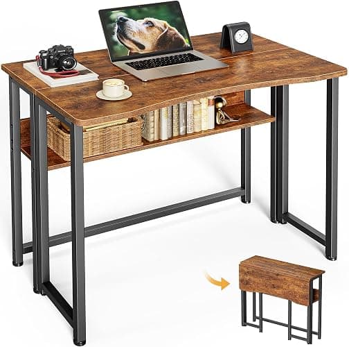 Huuger Folding Desk with Storage Shelf, 31.5 Inch Foldable Computer Table for Small Spaces, Space Saving Sofa Table for Couch, Writing Work Office Computer Desk, Easy to Fold, Rustic Brown - Image 1